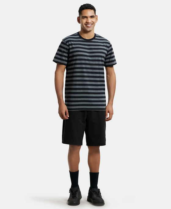Super Combed Cotton Rich Striped Round Neck Half Sleeve T-Shirt - Black & Charcoal Melange-4