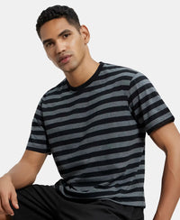 Super Combed Cotton Rich Striped Round Neck Half Sleeve T-Shirt - Black & Charcoal Melange-5