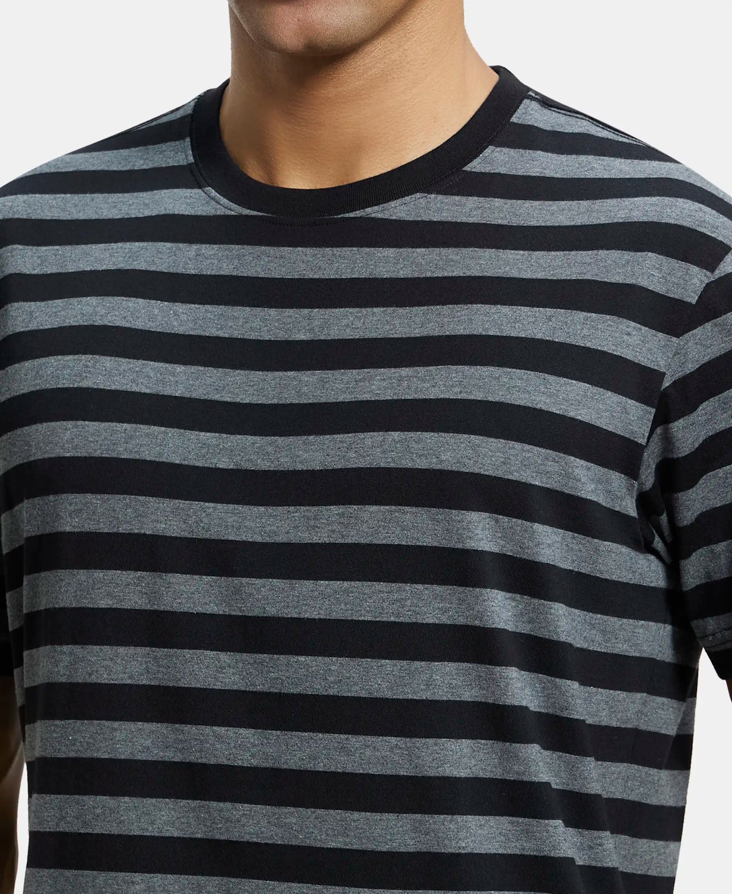 Super Combed Cotton Rich Striped Round Neck Half Sleeve T-Shirt - Black & Charcoal Melange-6