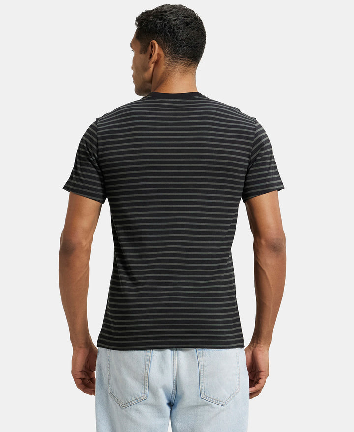 Super Combed Cotton Rich Striped Round Neck Half Sleeve T-Shirt - Black & Deep Olive-3