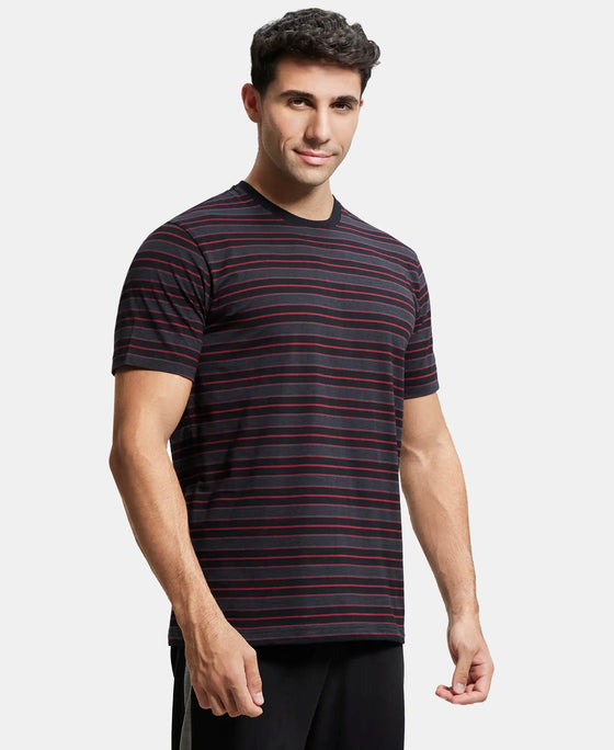 Super Combed Cotton Rich Striped Round Neck Half Sleeve T-Shirt - Black & Graphite-2