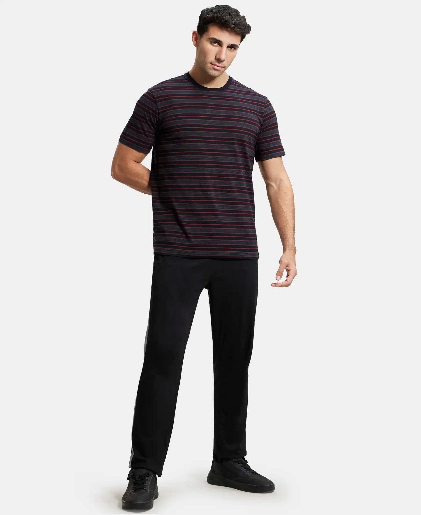 Super Combed Cotton Rich Striped Round Neck Half Sleeve T-Shirt - Black & Graphite-4