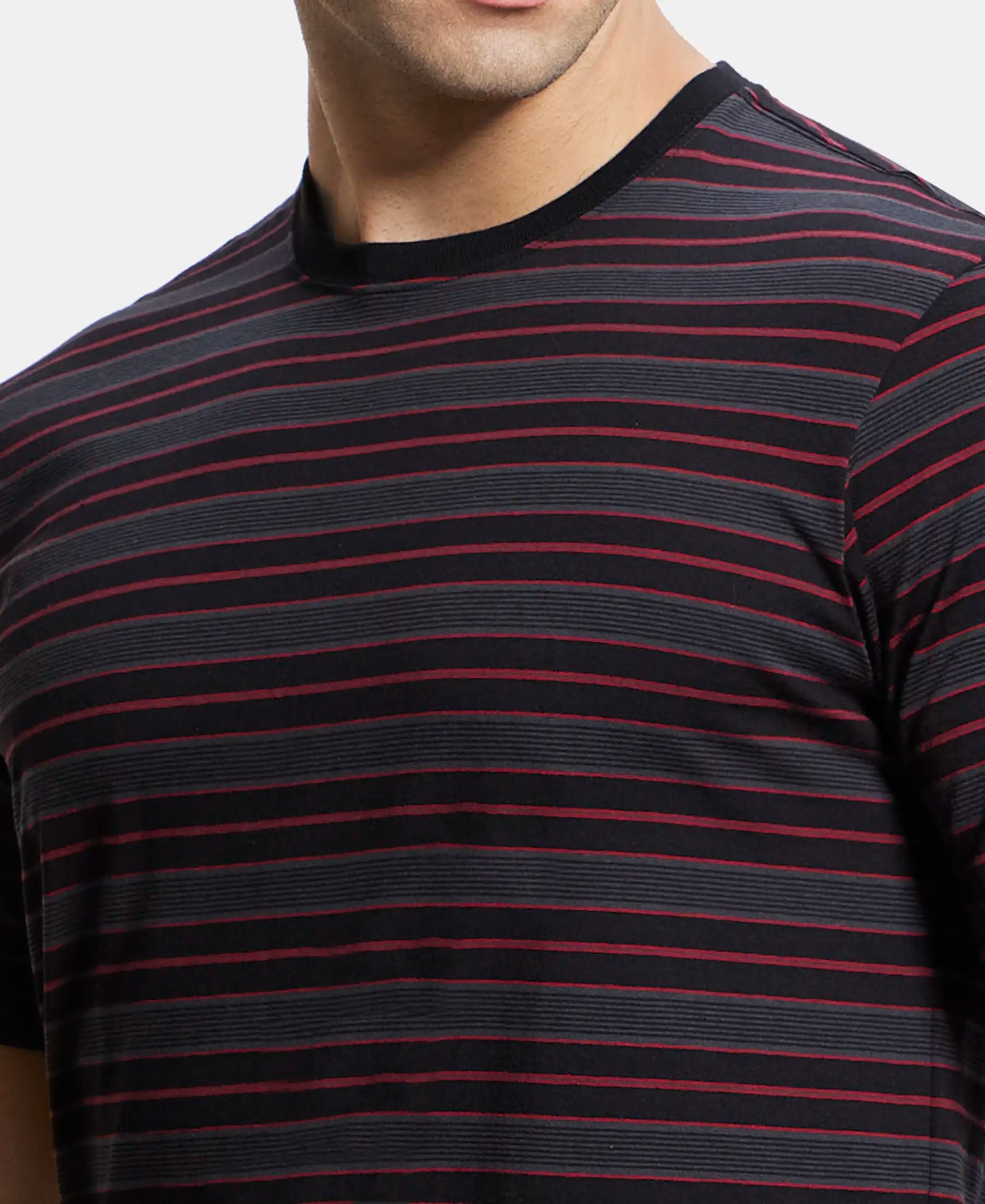 Super Combed Cotton Rich Striped Round Neck Half Sleeve T-Shirt - Black & Graphite-6