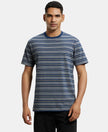 Super Combed Cotton Rich Striped Round Neck Half Sleeve T-Shirt - Ink Blue & Midgrey-1