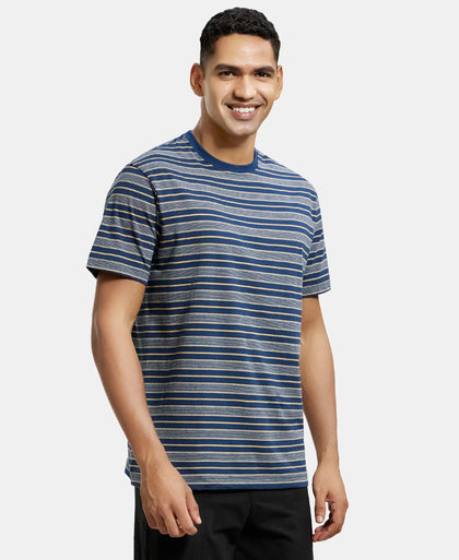 Super Combed Cotton Rich Striped Round Neck Half Sleeve T-Shirt - Ink Blue & Midgrey-2