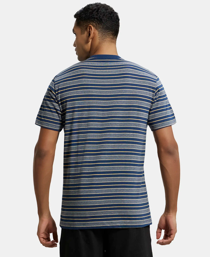 Super Combed Cotton Rich Striped Round Neck Half Sleeve T-Shirt - Ink Blue & Midgrey-3