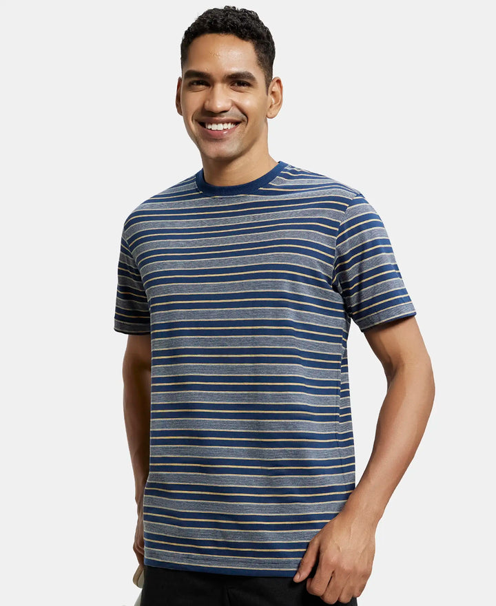 Super Combed Cotton Rich Striped Round Neck Half Sleeve T-Shirt - Ink Blue & Midgrey-5