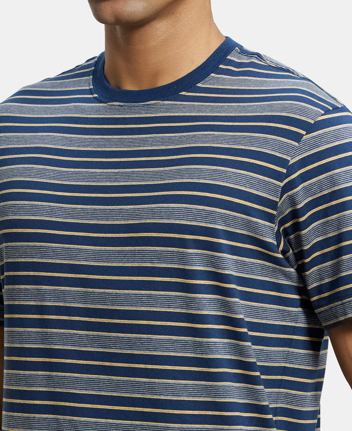 Super Combed Cotton Rich Striped Round Neck Half Sleeve T-Shirt - Ink Blue & Midgrey-6