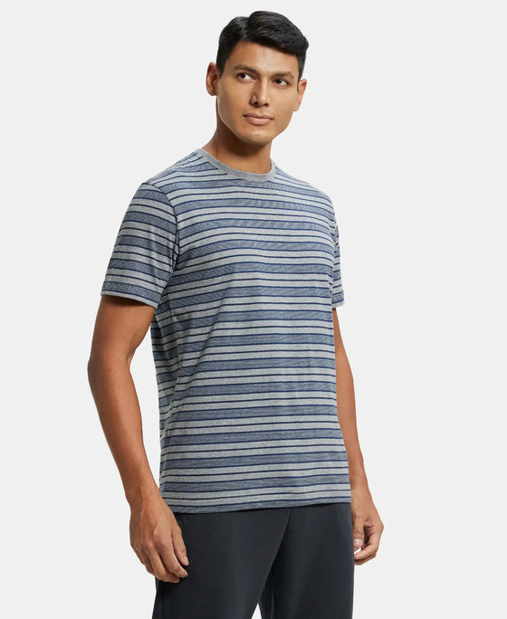 Super Combed Cotton Rich Striped Round Neck Half Sleeve T-Shirt - Mid Grey & Insignia Blue-2