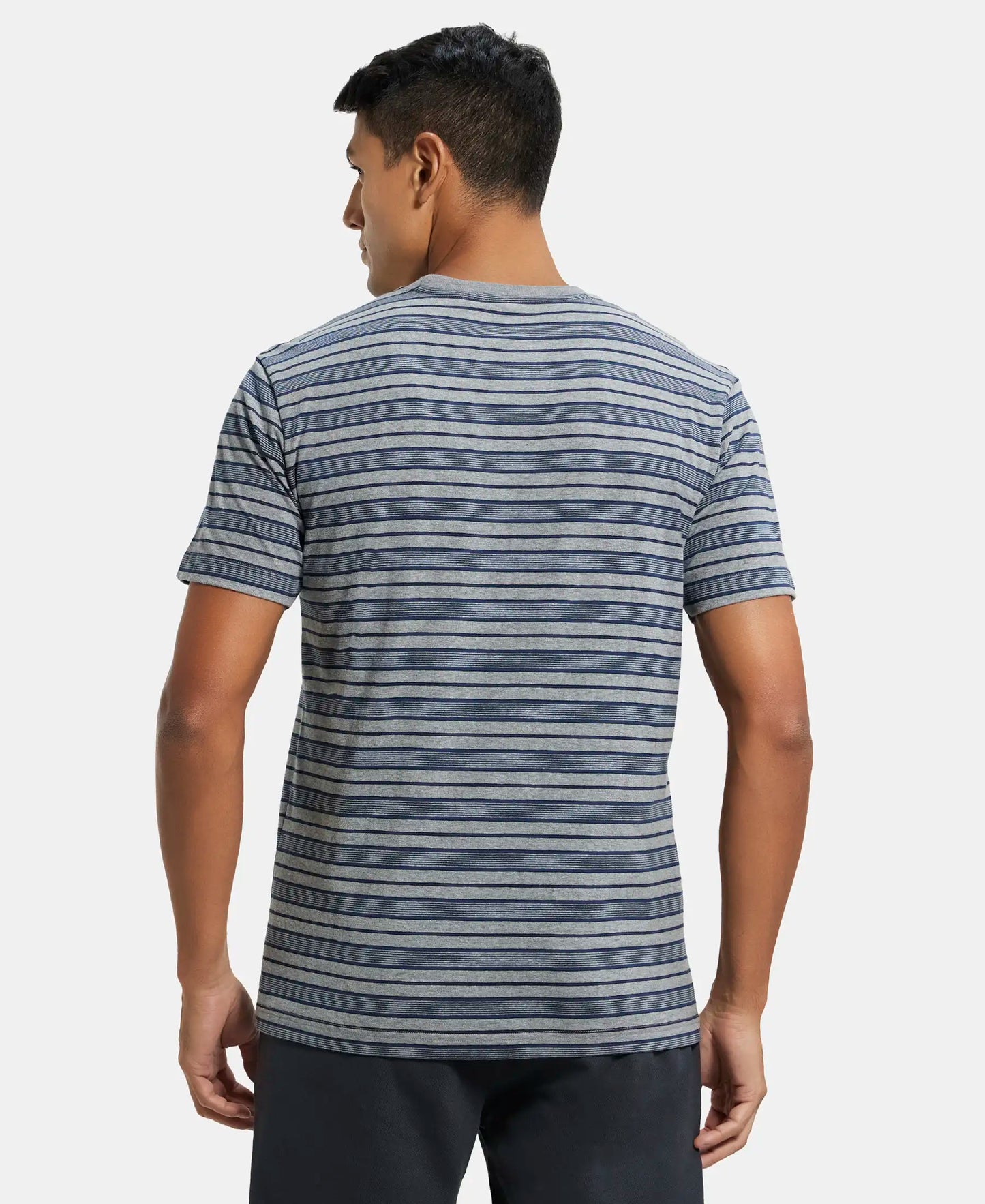 Super Combed Cotton Rich Striped Round Neck Half Sleeve T-Shirt - Mid Grey & Insignia Blue-3