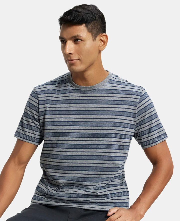 Super Combed Cotton Rich Striped Round Neck Half Sleeve T-Shirt - Mid Grey & Insignia Blue-5