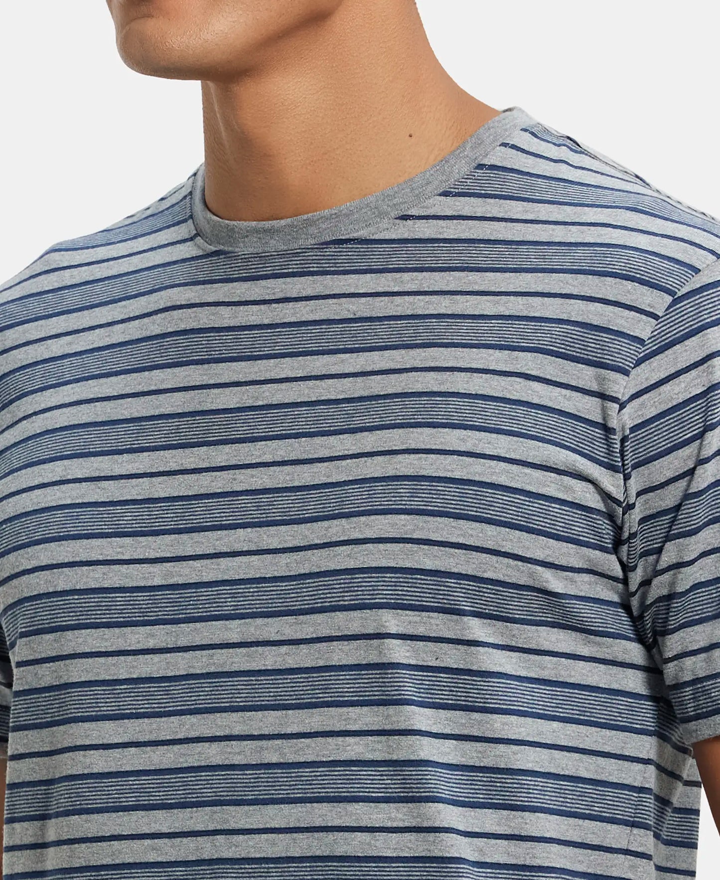Super Combed Cotton Rich Striped Round Neck Half Sleeve T-Shirt - Mid Grey & Insignia Blue-6