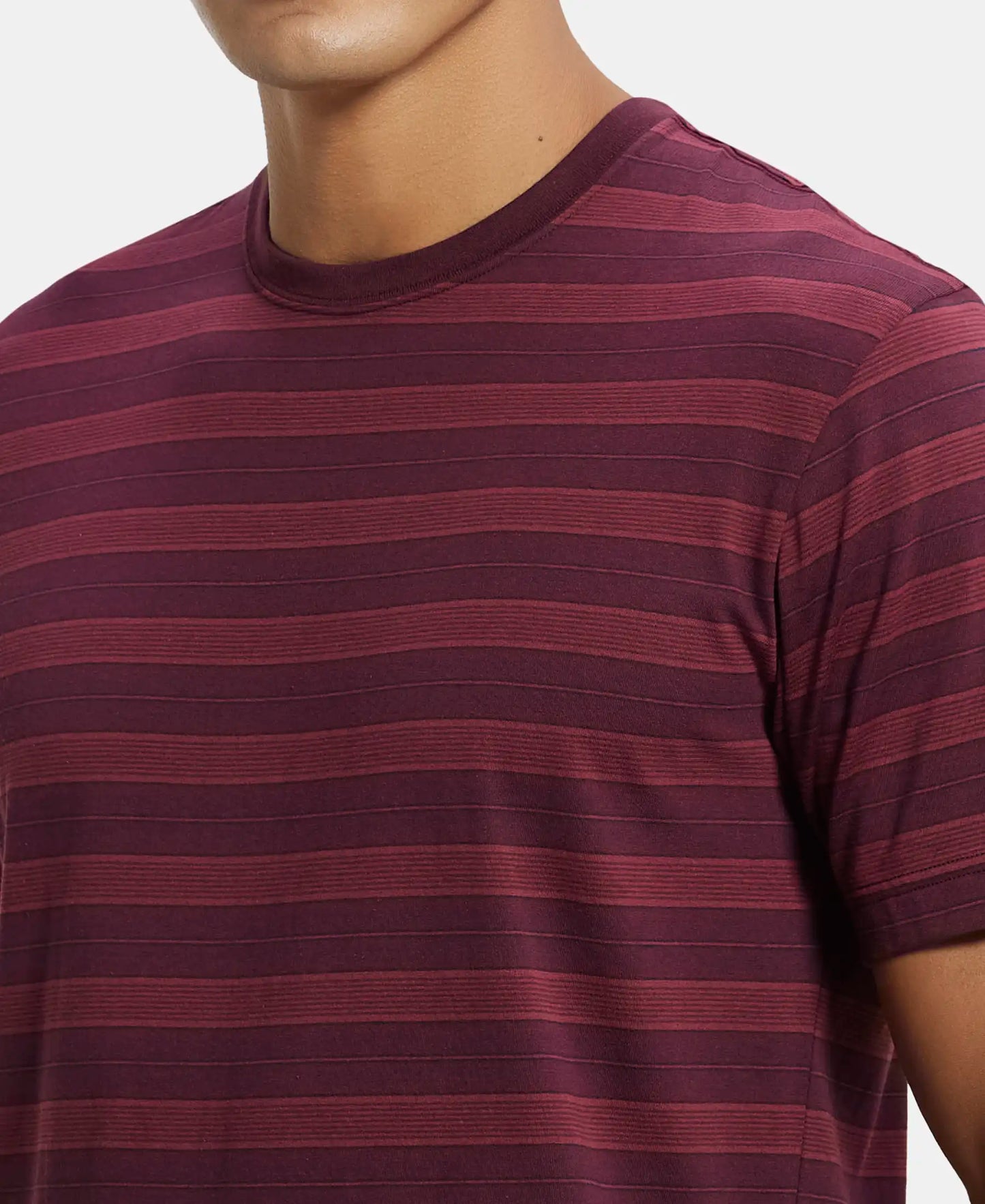 Super Combed Cotton Rich Striped Round Neck Half Sleeve T-Shirt - Mauve Wine & Burgundy & Navy-6