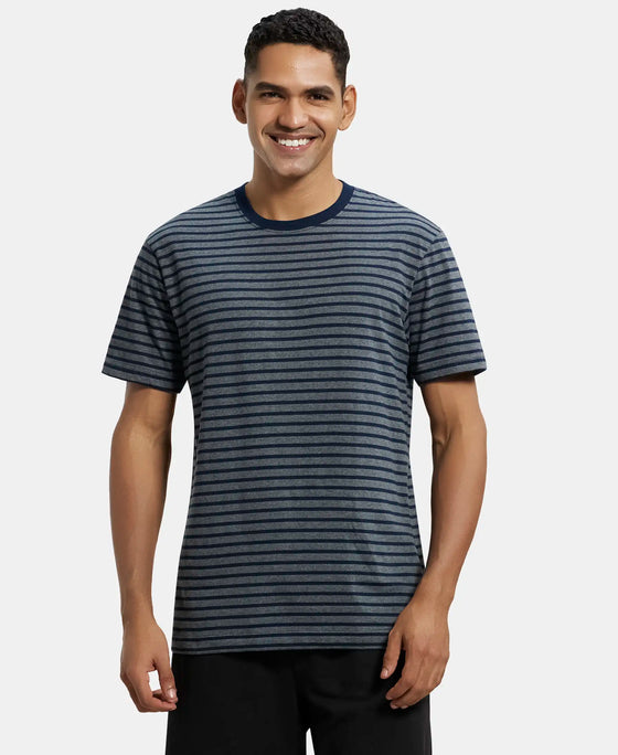 Super Combed Cotton Rich Striped Round Neck Half Sleeve T-Shirt - Navy & Charcoal Melange-1
