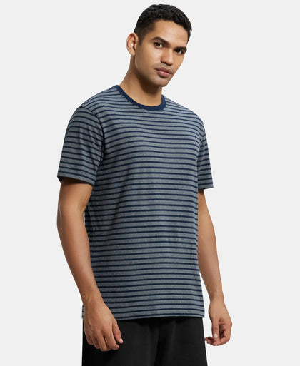 Super Combed Cotton Rich Striped Round Neck Half Sleeve T-Shirt - Navy & Charcoal Melange-2