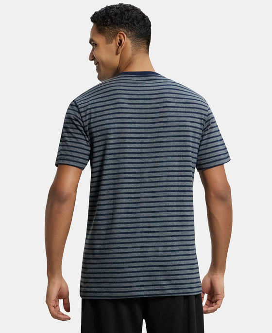 Super Combed Cotton Rich Striped Round Neck Half Sleeve T-Shirt - Navy & Charcoal Melange-3