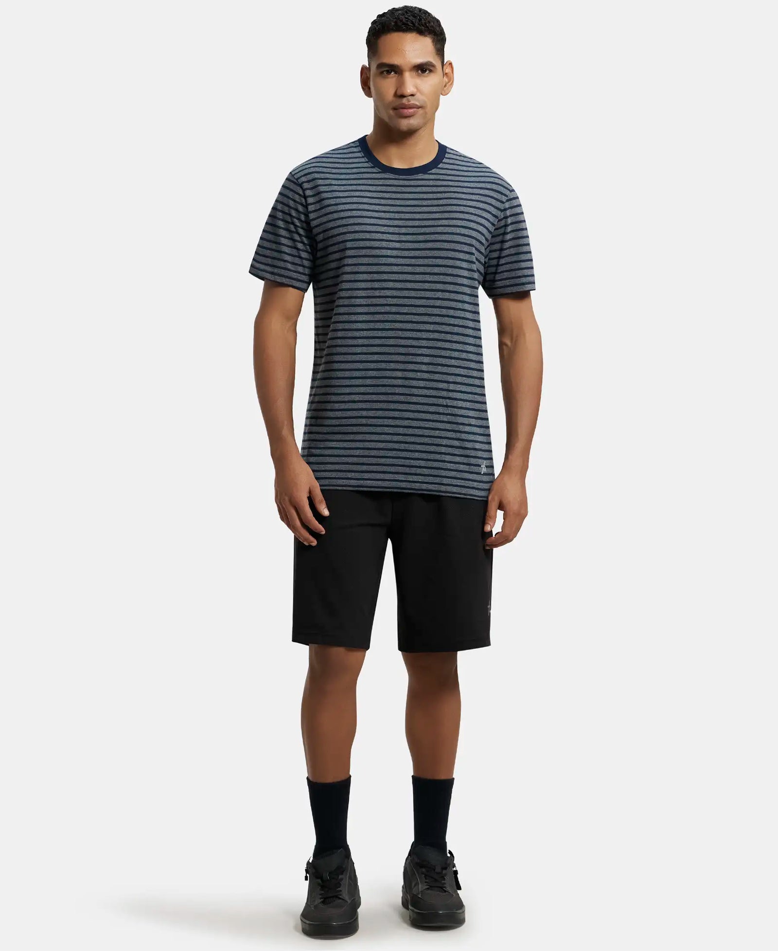 Super Combed Cotton Rich Striped Round Neck Half Sleeve T-Shirt - Navy & Charcoal Melange-4