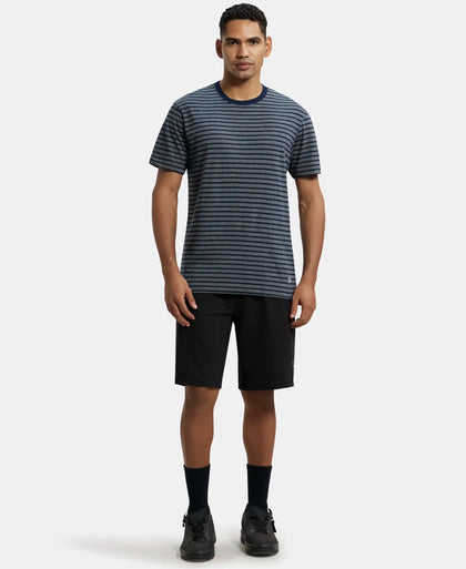 Super Combed Cotton Rich Striped Round Neck Half Sleeve T-Shirt - Navy & Charcoal Melange-4