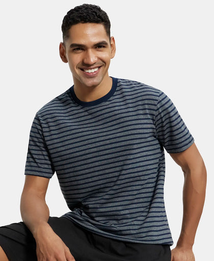 Super Combed Cotton Rich Striped Round Neck Half Sleeve T-Shirt - Navy & Charcoal Melange-5