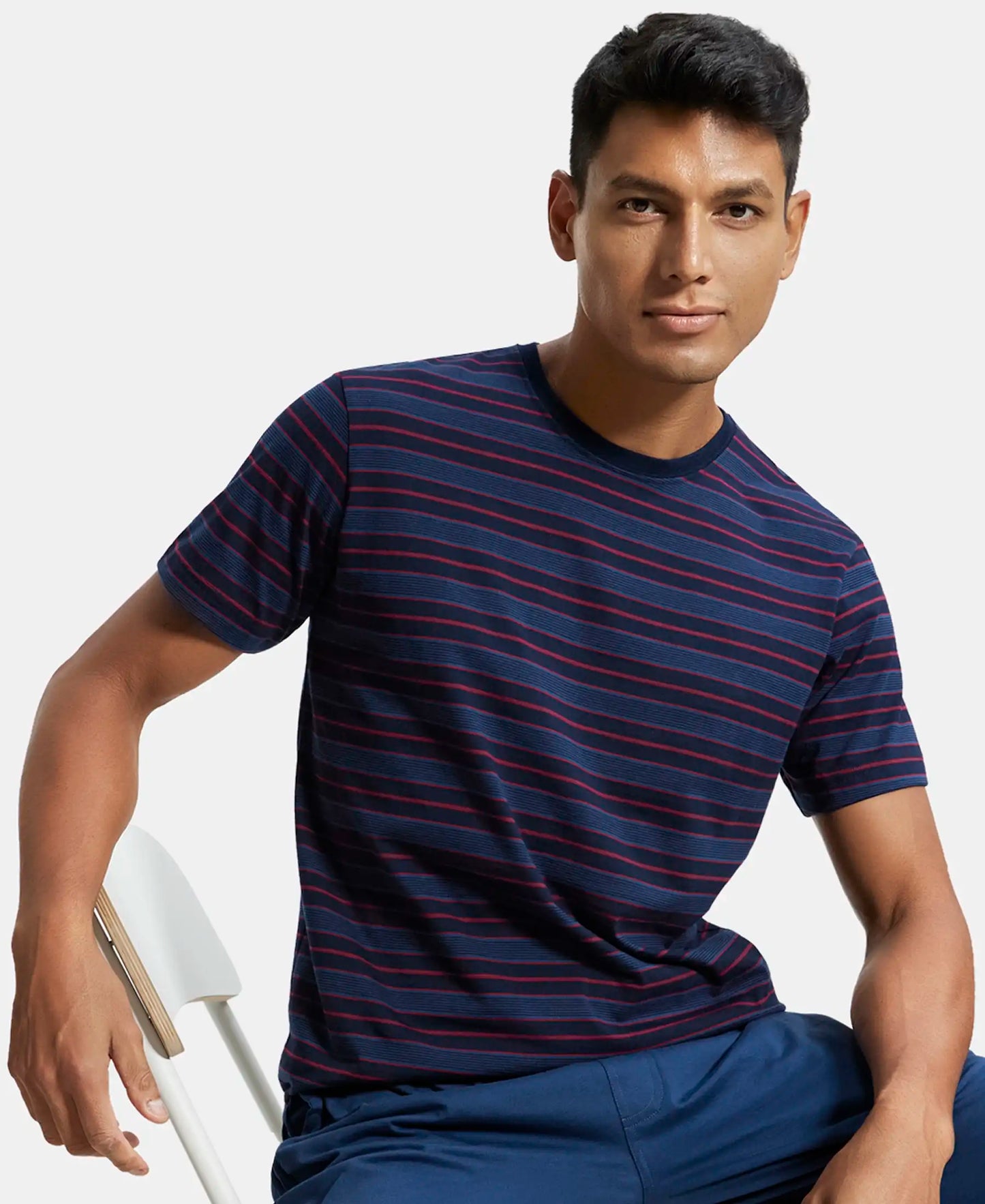 Super Combed Cotton Rich Striped Round Neck Half Sleeve T-Shirt - Navy & Insignia Blue-5