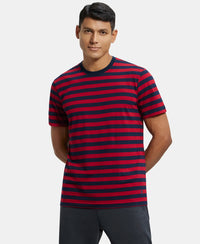 Super Combed Cotton Rich Striped Round Neck Half Sleeve T-Shirt - Navy & Shanghai Red-1