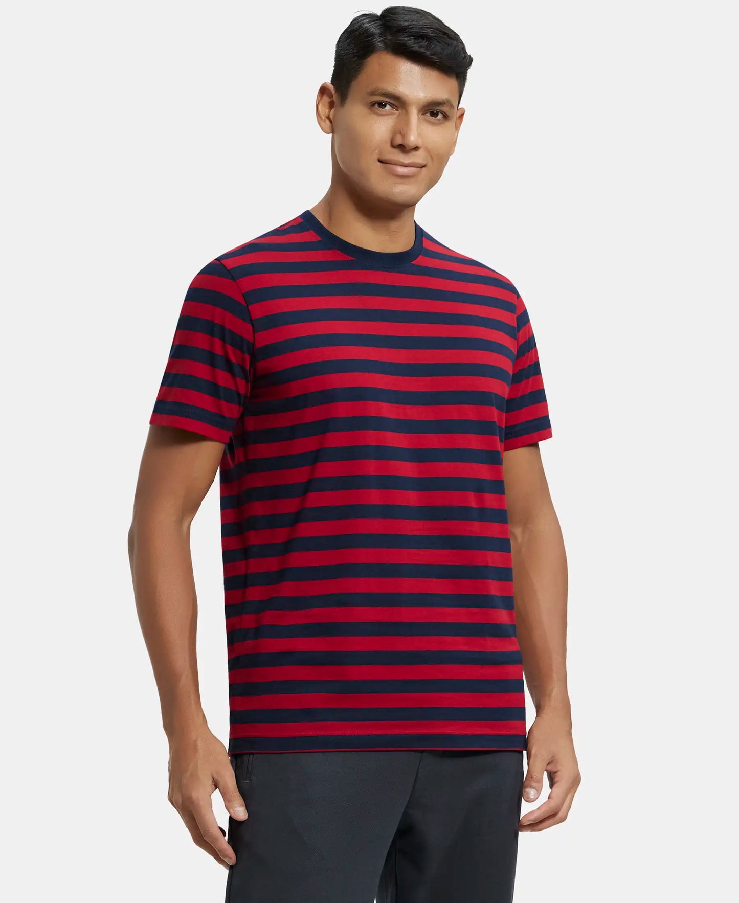 Super Combed Cotton Rich Striped Round Neck Half Sleeve T-Shirt - Navy & Shanghai Red-2