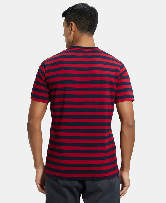 Super Combed Cotton Rich Striped Round Neck Half Sleeve T-Shirt - Navy & Shanghai Red-3