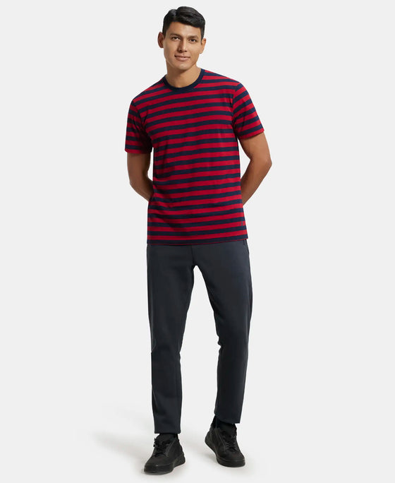 Super Combed Cotton Rich Striped Round Neck Half Sleeve T-Shirt - Navy & Shanghai Red-4