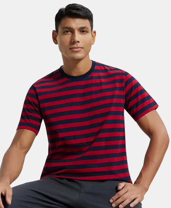 Super Combed Cotton Rich Striped Round Neck Half Sleeve T-Shirt - Navy & Shanghai Red-5