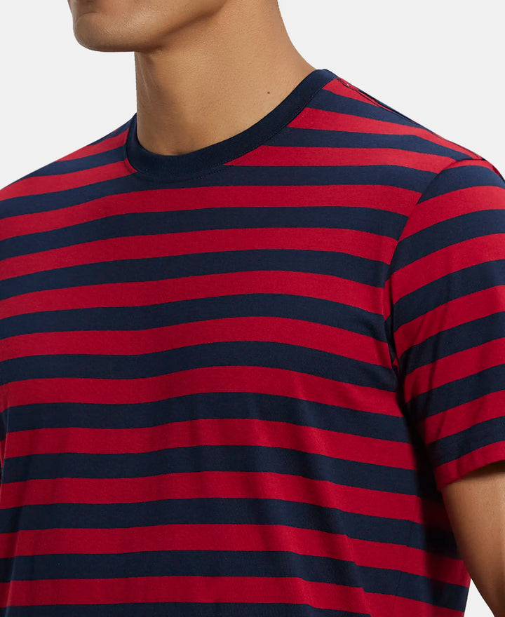 Super Combed Cotton Rich Striped Round Neck Half Sleeve T-Shirt - Navy & Shanghai Red-6