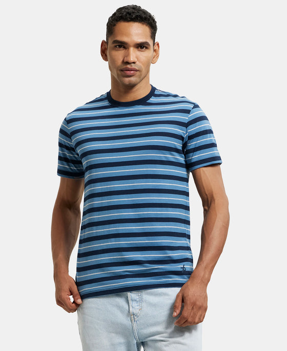 Super Combed Cotton Rich Striped Round Neck Half Sleeve T-Shirt - Navy & Steller-1