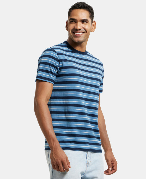 Super Combed Cotton Rich Striped Round Neck Half Sleeve T-Shirt - Navy & Steller-2