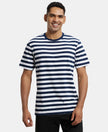 Super Combed Cotton Rich Striped Round Neck Half Sleeve T-Shirt - Navy & White-1