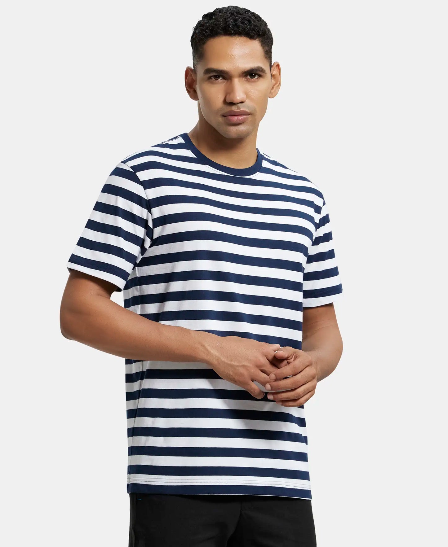 Super Combed Cotton Rich Striped Round Neck Half Sleeve T-Shirt - Navy & White-2
