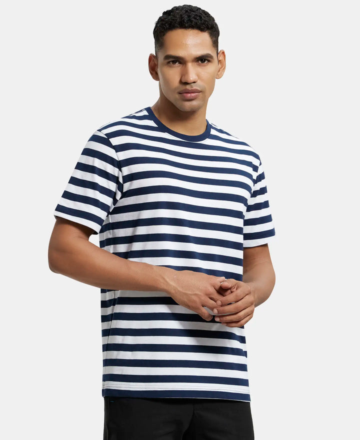 Super Combed Cotton Rich Striped Round Neck Half Sleeve T-Shirt - Navy & White-2