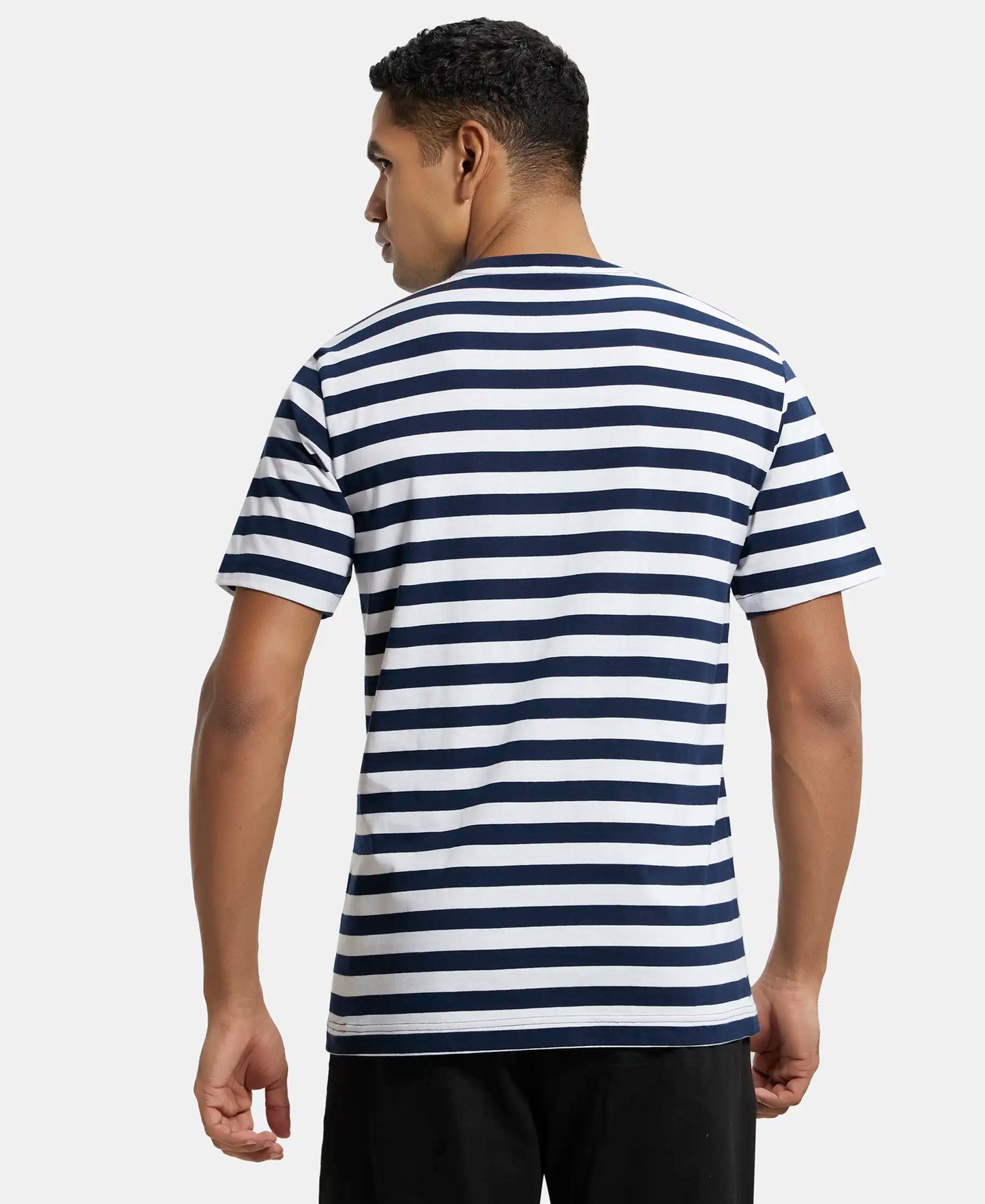Super Combed Cotton Rich Striped Round Neck Half Sleeve T-Shirt - Navy & White-3