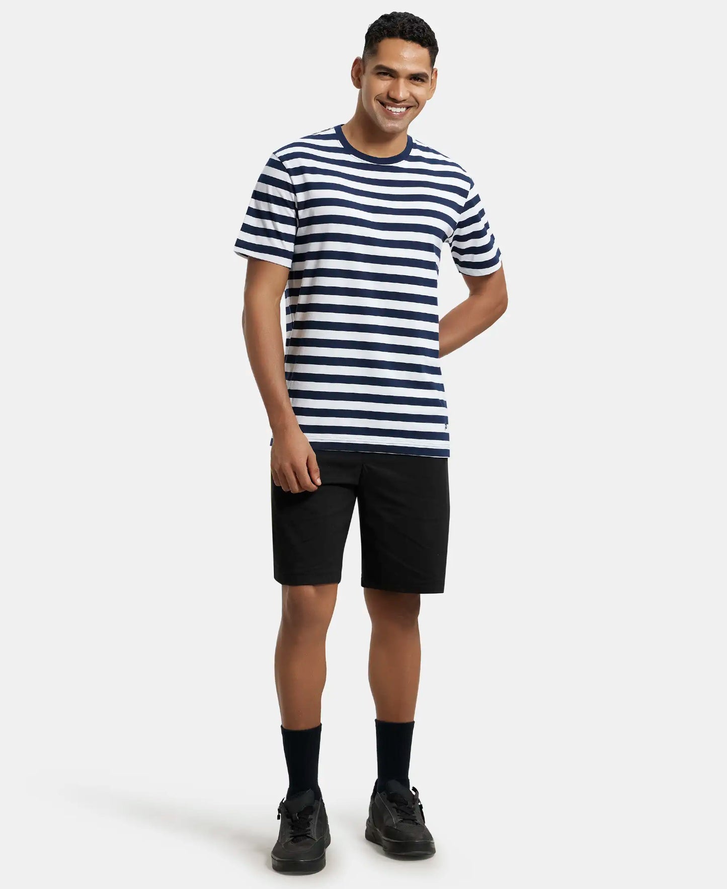 Super Combed Cotton Rich Striped Round Neck Half Sleeve T-Shirt - Navy & White-4