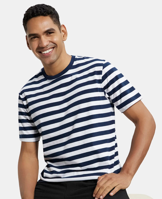 Super Combed Cotton Rich Striped Round Neck Half Sleeve T-Shirt - Navy & White-5