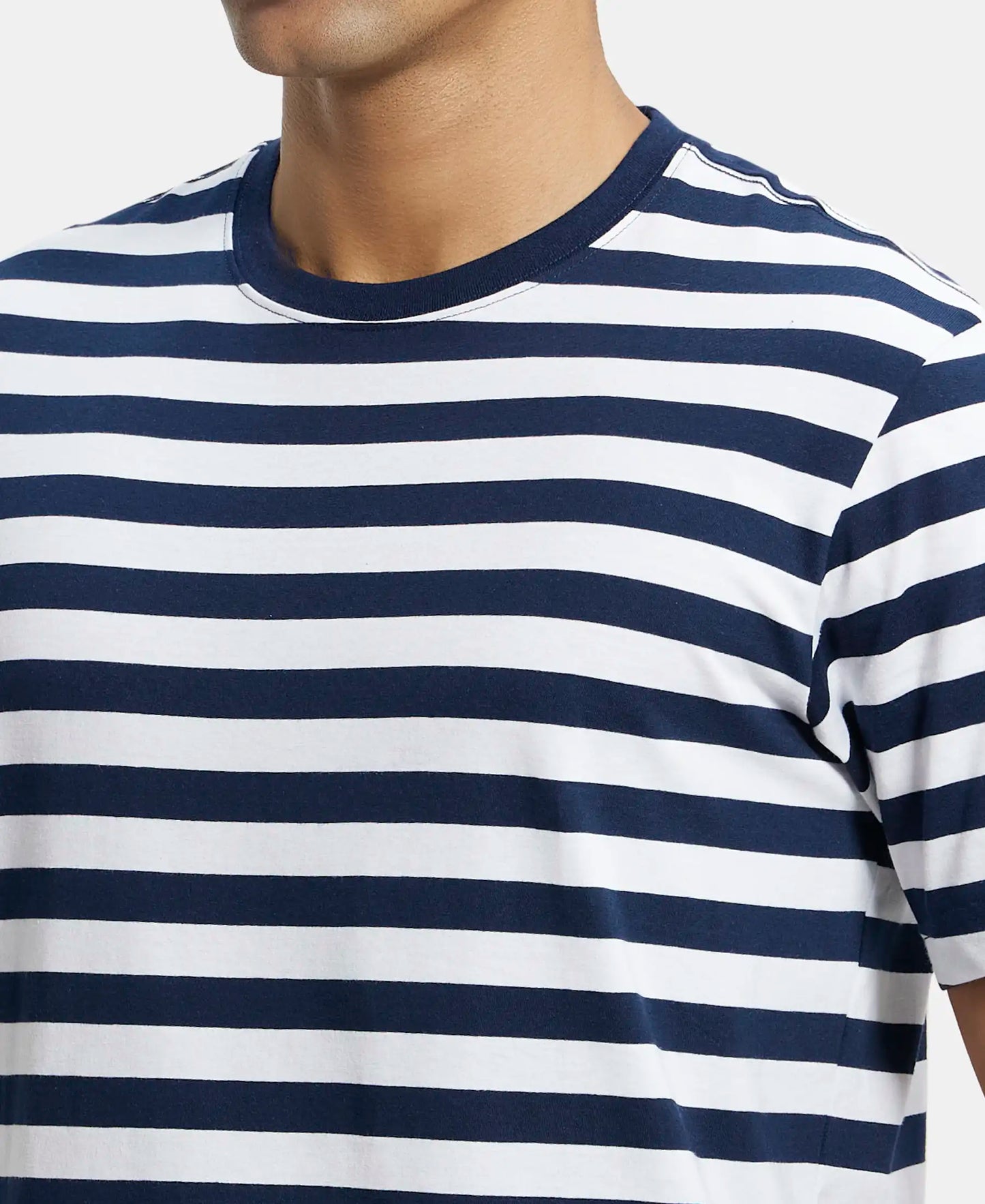 Super Combed Cotton Rich Striped Round Neck Half Sleeve T-Shirt - Navy & White-6