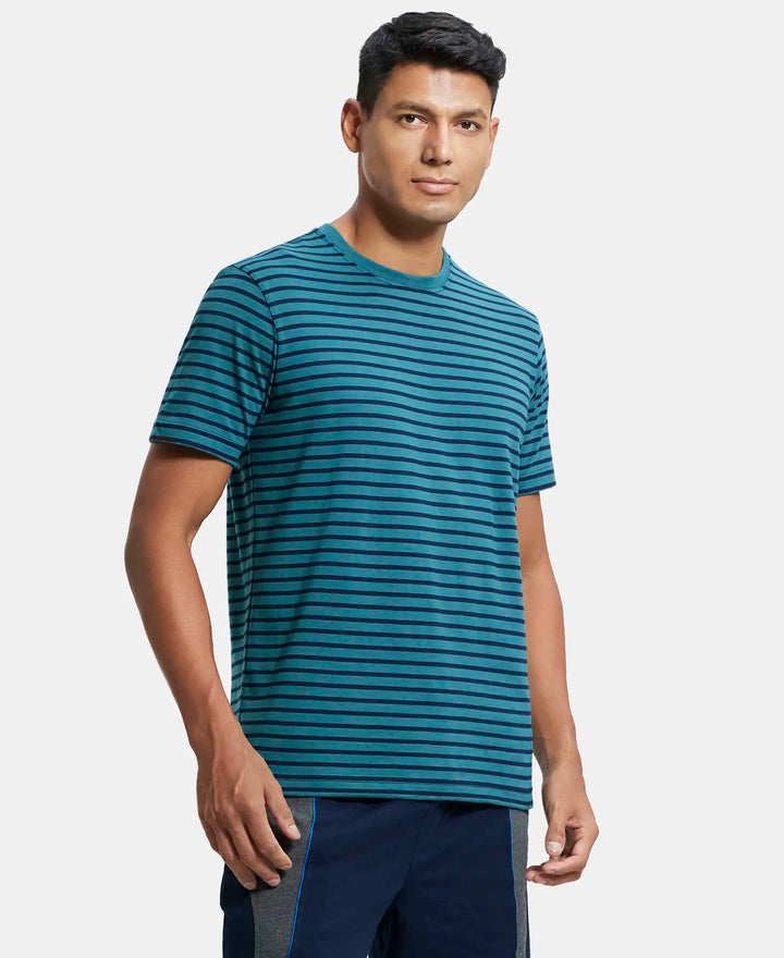 Super Combed Cotton Rich Striped Round Neck Half Sleeve T-Shirt - Performance Green & Navy-2