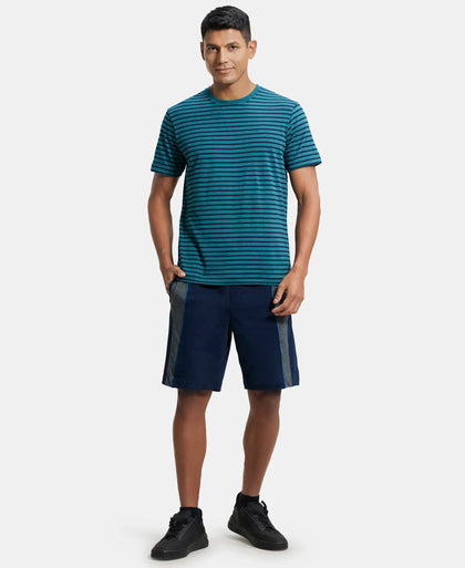 Super Combed Cotton Rich Striped Round Neck Half Sleeve T-Shirt - Performance Green & Navy-4