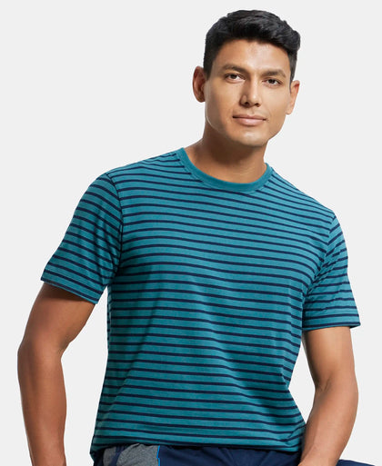 Super Combed Cotton Rich Striped Round Neck Half Sleeve T-Shirt - Performance Green & Navy-5