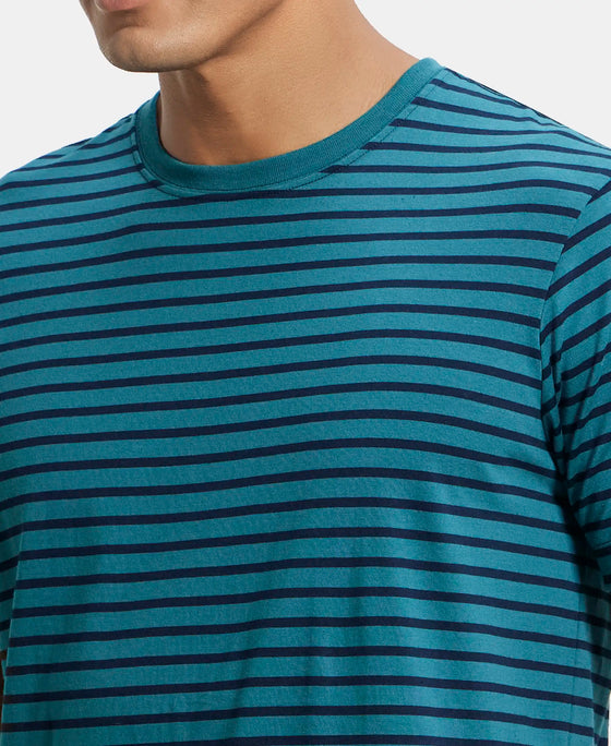 Super Combed Cotton Rich Striped Round Neck Half Sleeve T-Shirt - Performance Green & Navy-6