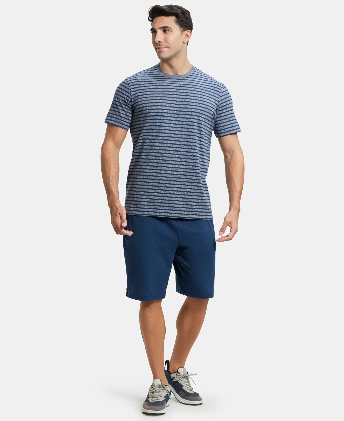 Super Combed Cotton Rich Striped Round Neck Half Sleeve T-Shirt - Performance Navy & Iris Blue-4