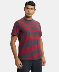 Super Combed Cotton Rich Striped Round Neck Half Sleeve T-Shirt - True Black & Shanghai Red-2