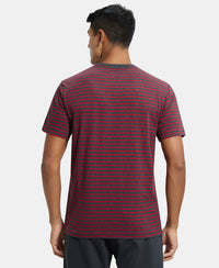 Super Combed Cotton Rich Striped Round Neck Half Sleeve T-Shirt - True Black & Shanghai Red-3