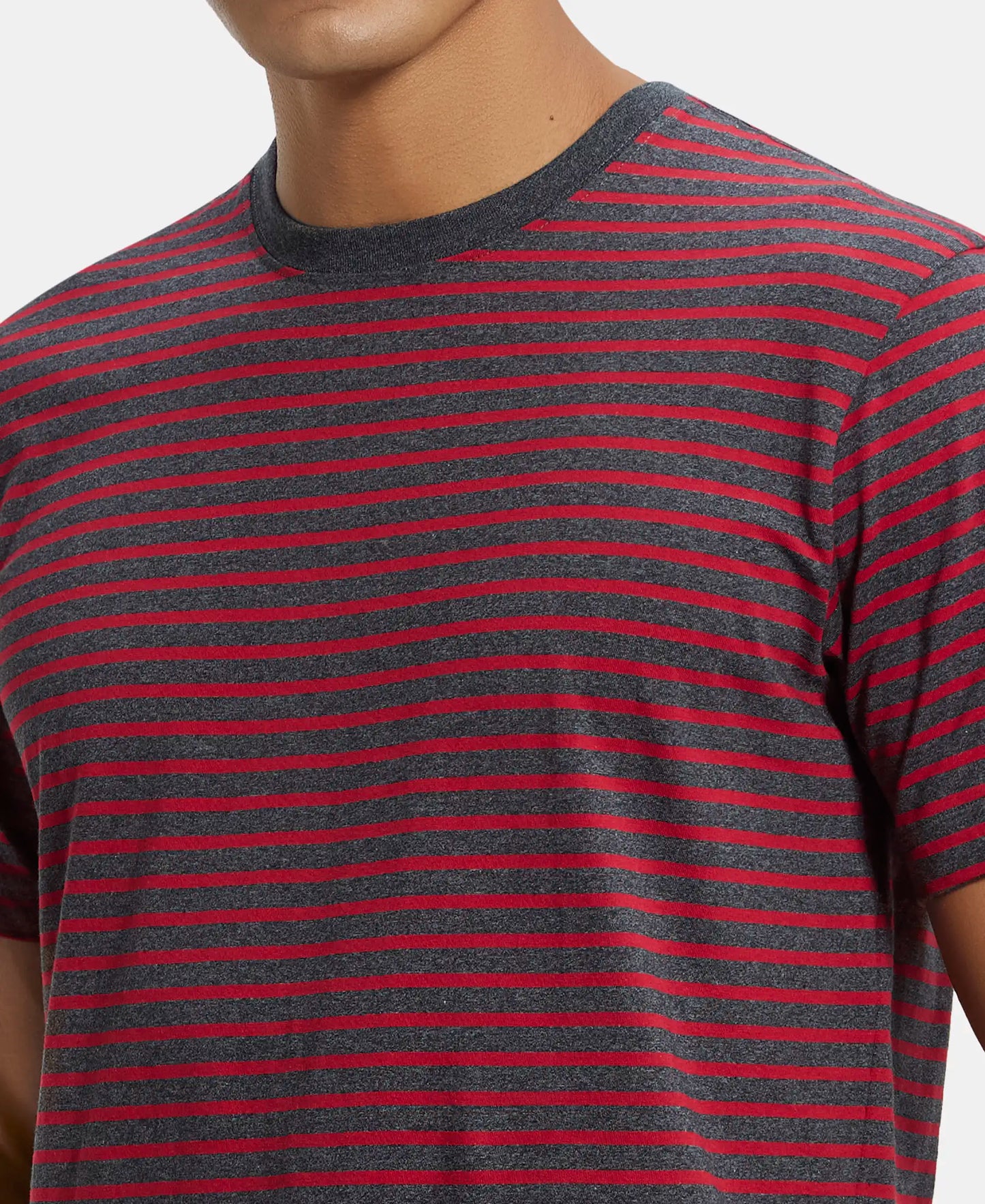 Super Combed Cotton Rich Striped Round Neck Half Sleeve T-Shirt - True Black & Shanghai Red-6