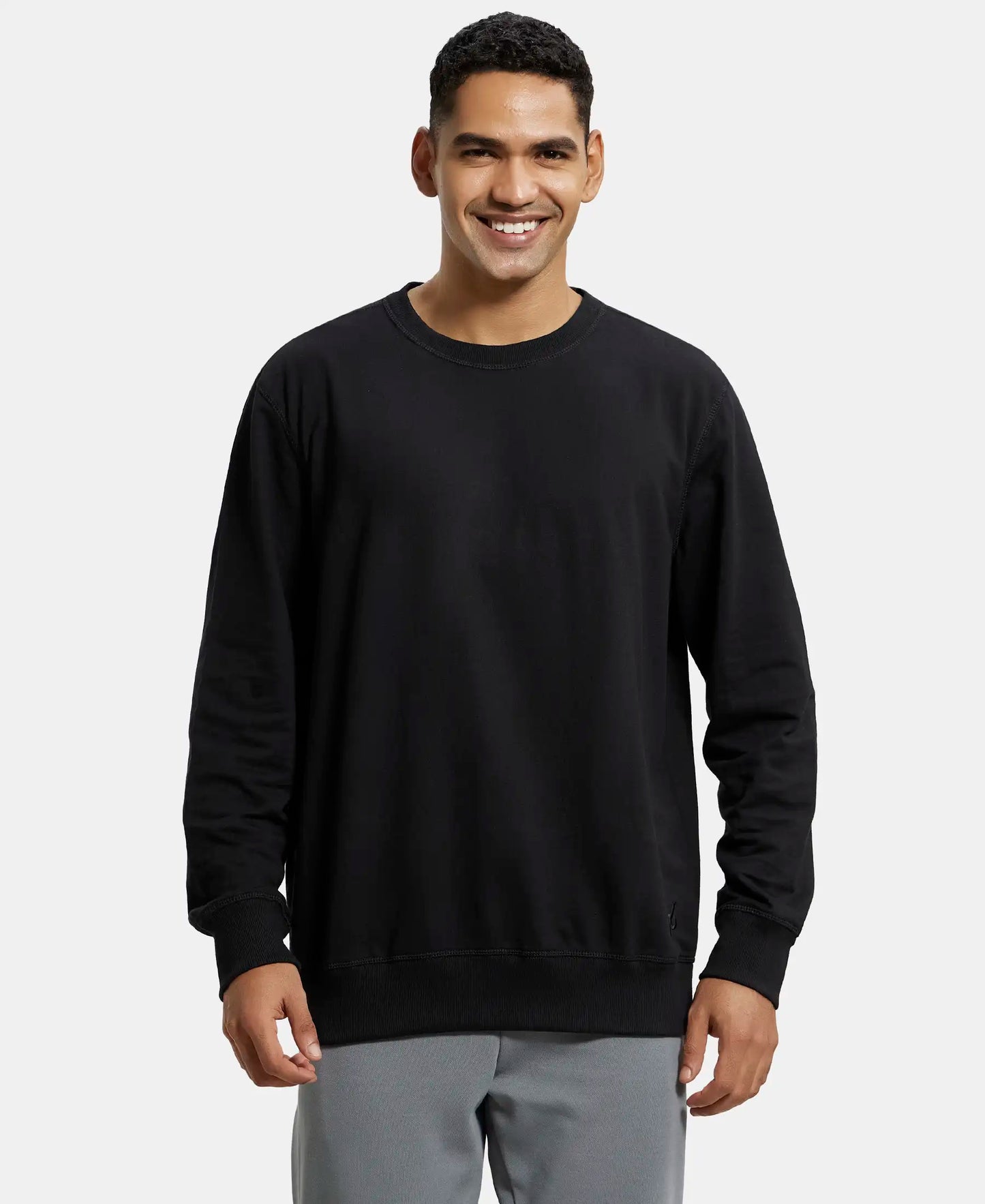 Super Combed Cotton French Terry Solid Sweatshirt with Ribbed Cuffs - Black-1