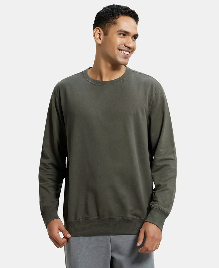 Super Combed Cotton French Terry Solid Sweatshirt with Ribbed Cuffs - Deep Olive-1