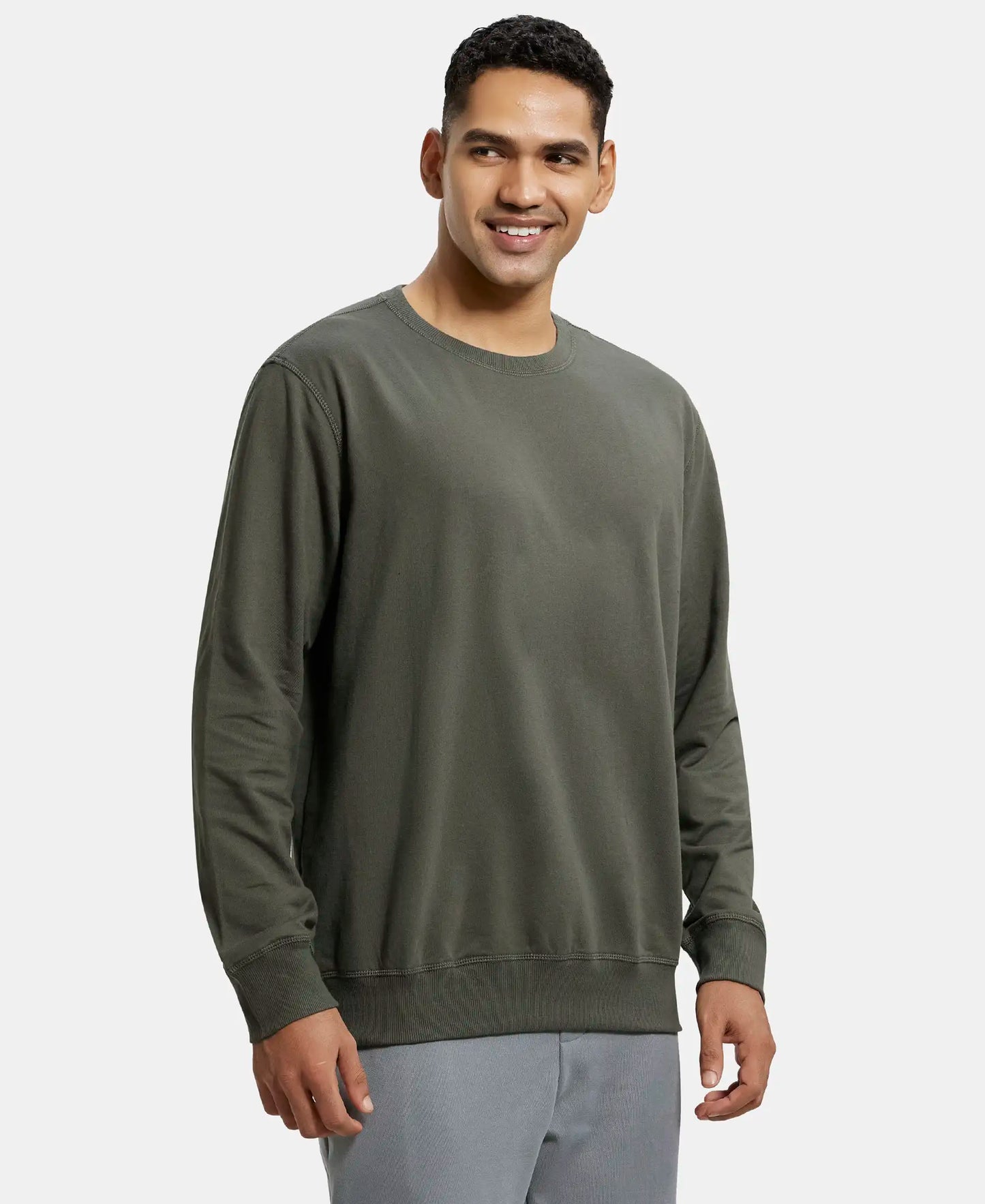 Super Combed Cotton French Terry Solid Sweatshirt with Ribbed Cuffs - Deep Olive-2